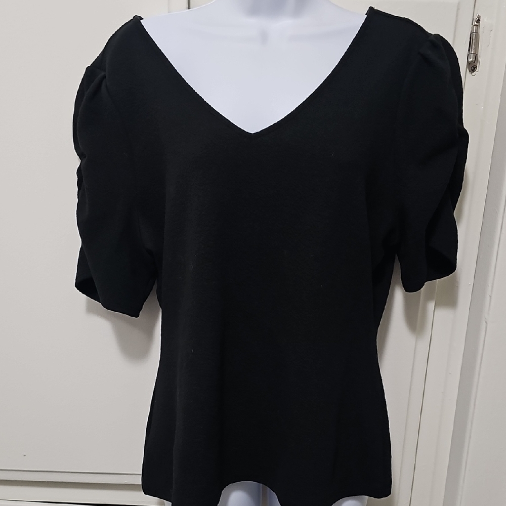 White House Black Market Black V-Neck Puff Sleeve Top